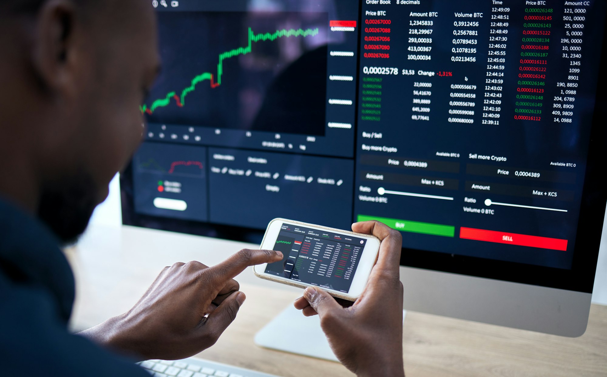 Phone, computer and corporate man with stock market statistics, NFT insight or investment data of I